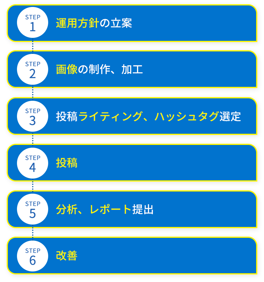 1.運用方針の立案 2.画像の制作、加工 3.投稿ライティング、ハッシュタグ選定 4.投稿 5.分析、レポート提出 6.改善